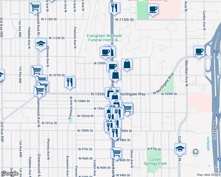 map of restaurants, bars, coffee shops, grocery stores, and more near 10507 Aurora Avenue North in Seattle