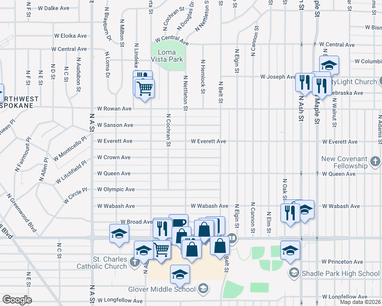 map of restaurants, bars, coffee shops, grocery stores, and more near 2317 West Everett Avenue in Spokane