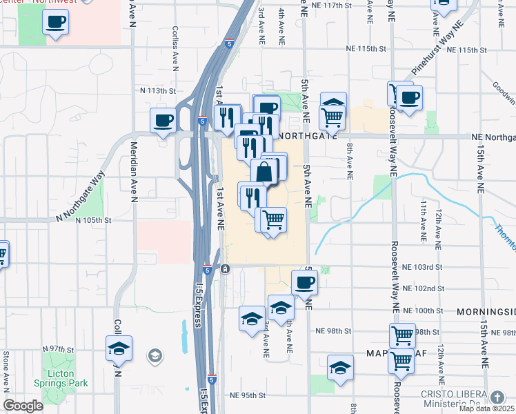 map of restaurants, bars, coffee shops, grocery stores, and more near 401 Northeast Northgate Way in Seattle
