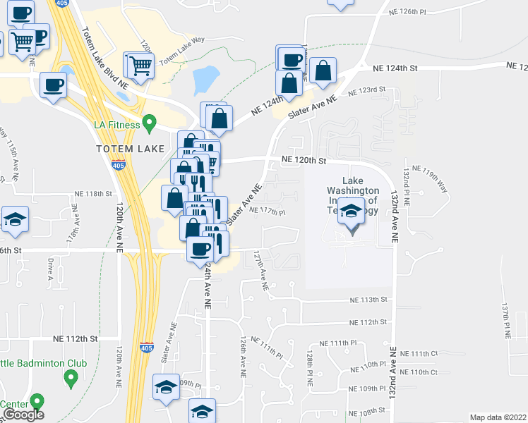 map of restaurants, bars, coffee shops, grocery stores, and more near 12614 Northeast 118th Street in Kirkland