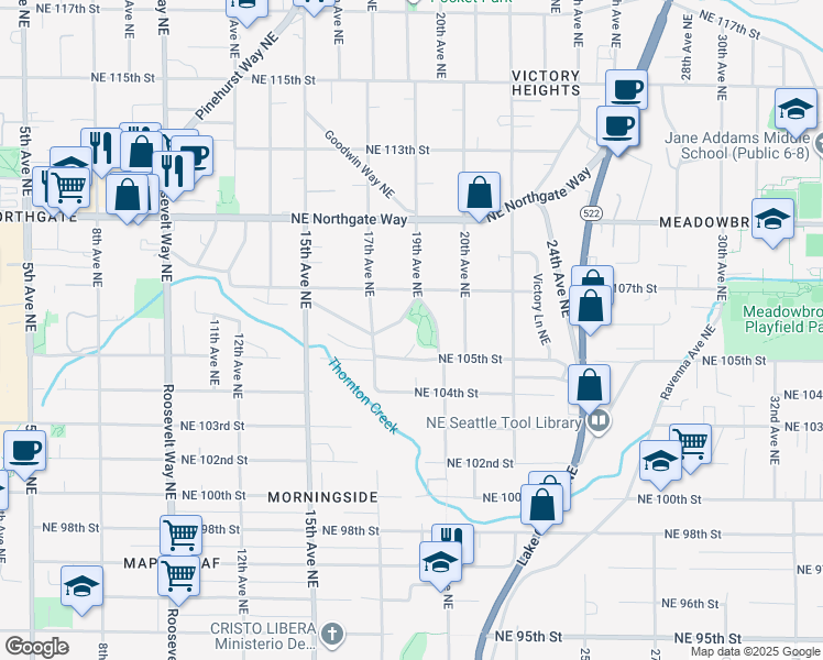 map of restaurants, bars, coffee shops, grocery stores, and more near 1732 Northeast 106th Street in Seattle