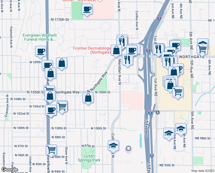 map of restaurants, bars, coffee shops, grocery stores, and more near 1806 North 105th Street in Seattle