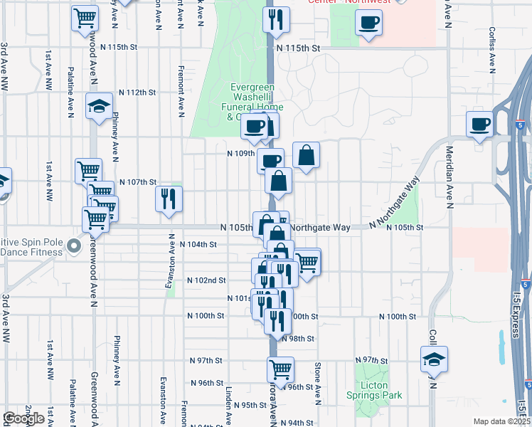 map of restaurants, bars, coffee shops, grocery stores, and more near 10526 Aurora Avenue North in Seattle