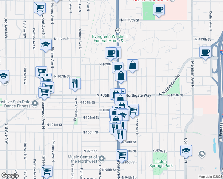 map of restaurants, bars, coffee shops, grocery stores, and more near 10530 Whitman Avenue North in Seattle