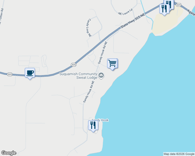 map of restaurants, bars, coffee shops, grocery stores, and more near 15810 Sandy Hook Road Northeast in Poulsbo