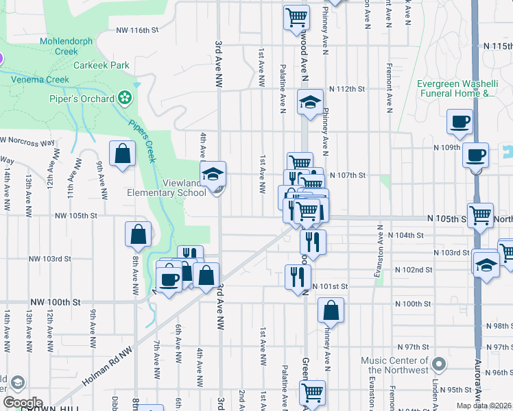 map of restaurants, bars, coffee shops, grocery stores, and more near 10515 1st Avenue Northwest in Seattle
