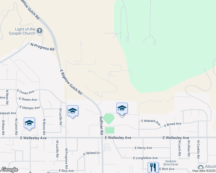 map of restaurants, bars, coffee shops, grocery stores, and more near 5311 Sullivan Road in Spokane