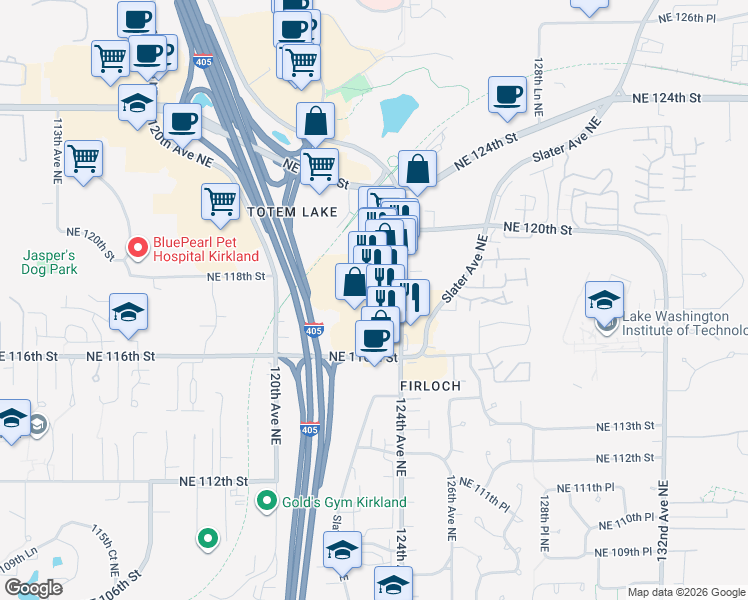 map of restaurants, bars, coffee shops, grocery stores, and more near 11931 124th Avenue Northeast in Kirkland