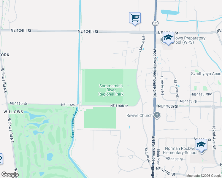 map of restaurants, bars, coffee shops, grocery stores, and more near 15200 Northeast 116th Street in Redmond