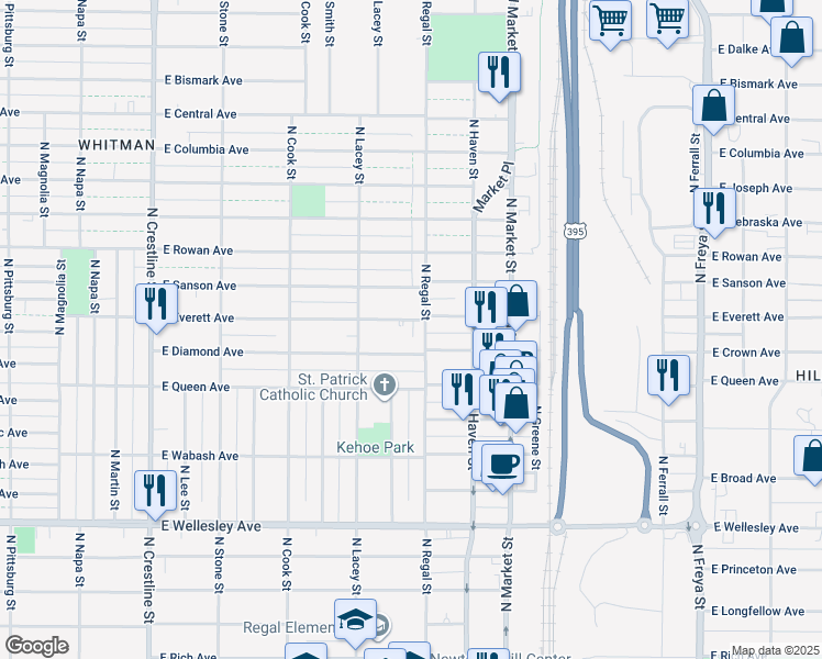 map of restaurants, bars, coffee shops, grocery stores, and more near 2814 East Everett Avenue in Spokane