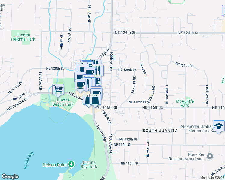 map of restaurants, bars, coffee shops, grocery stores, and more near 11801 100th Avenue Northeast in Kirkland