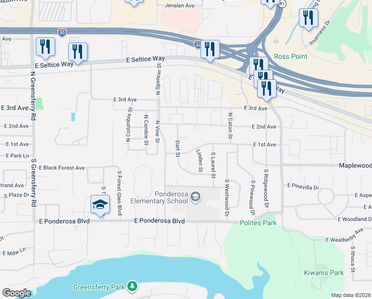 map of restaurants, bars, coffee shops, grocery stores, and more near 3406 Diana Court in Post Falls