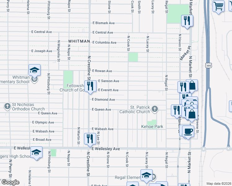 map of restaurants, bars, coffee shops, grocery stores, and more near 2323 East Everett Avenue in Spokane