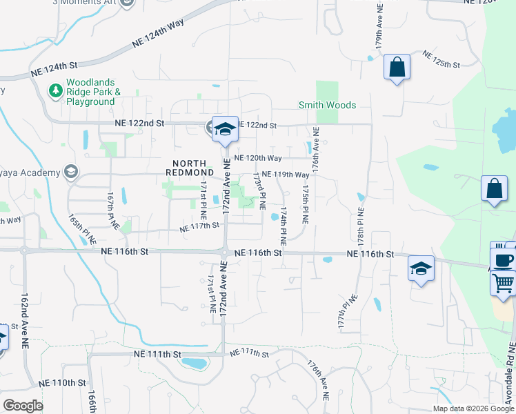 map of restaurants, bars, coffee shops, grocery stores, and more near 11839 173rd Place Northeast in Redmond