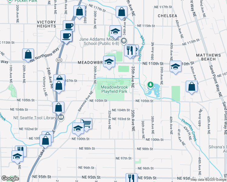 map of restaurants, bars, coffee shops, grocery stores, and more near 10700 30th Avenue Northeast in Seattle
