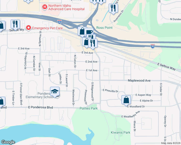 map of restaurants, bars, coffee shops, grocery stores, and more near 3864 East 1st Avenue in Post Falls