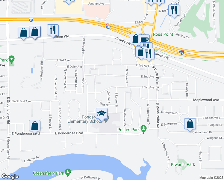 map of restaurants, bars, coffee shops, grocery stores, and more near 3540 East 1st Avenue in Post Falls