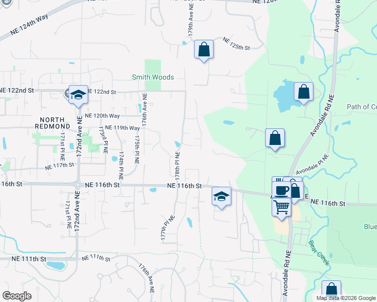map of restaurants, bars, coffee shops, grocery stores, and more near 17812 Northeast 116th Street in Redmond