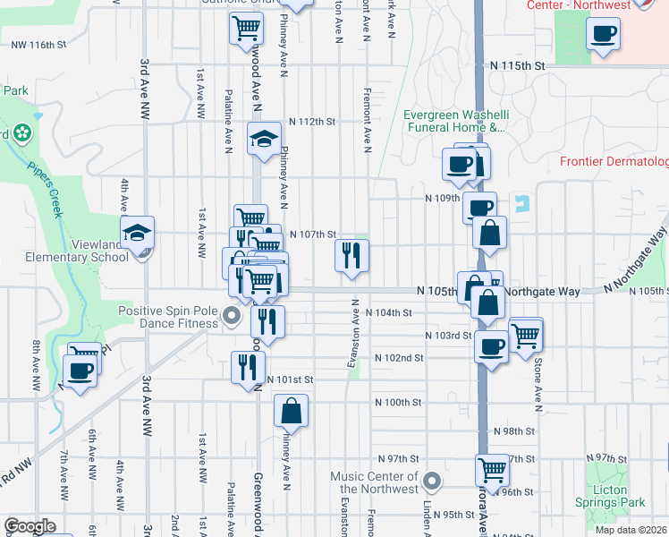 map of restaurants, bars, coffee shops, grocery stores, and more near 10523 Evanston Avenue North in Seattle