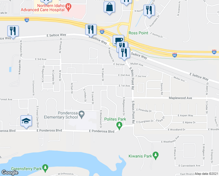 map of restaurants, bars, coffee shops, grocery stores, and more near 3770 East 1st Avenue in Post Falls