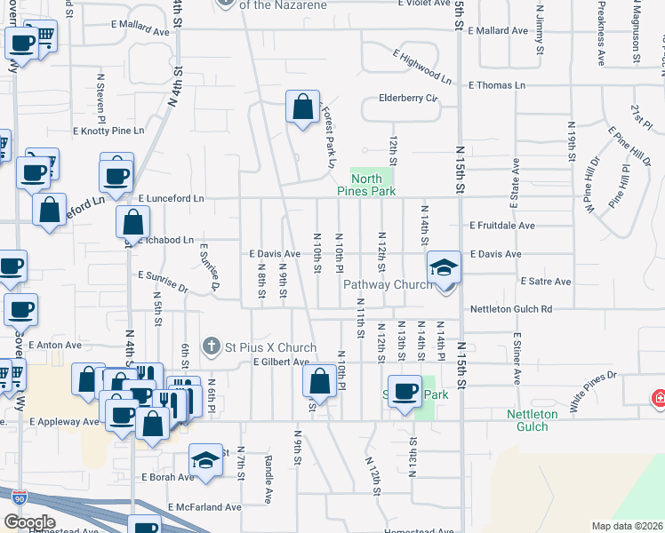 map of restaurants, bars, coffee shops, grocery stores, and more near 3192 North 10th Place in Coeur d'Alene