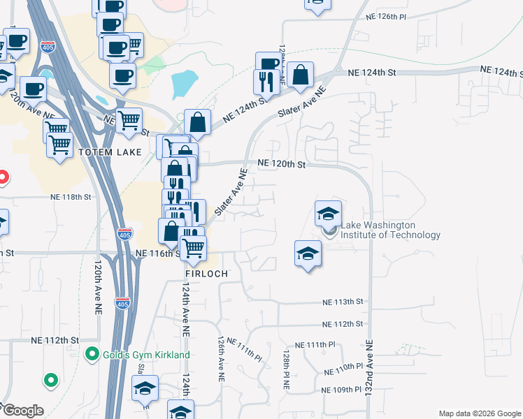 map of restaurants, bars, coffee shops, grocery stores, and more near 12707 Northeast 118th Street in Kirkland