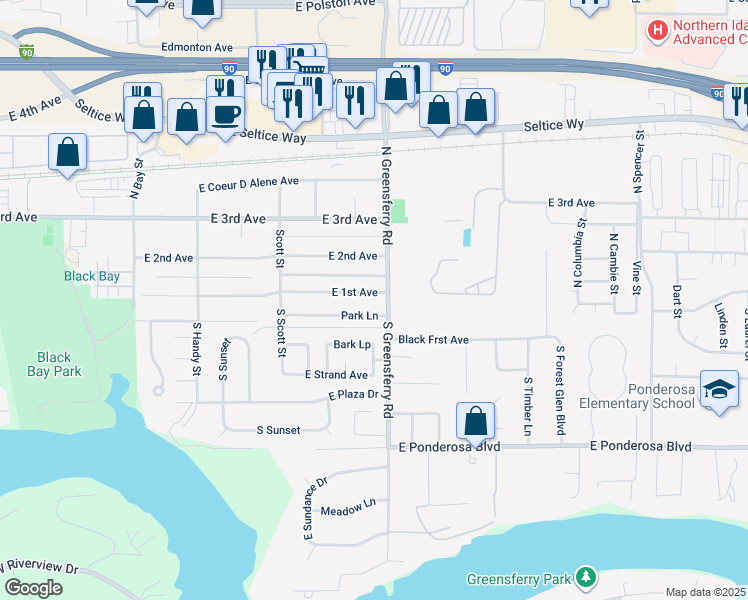 map of restaurants, bars, coffee shops, grocery stores, and more near 1910 East 1st Avenue in Post Falls