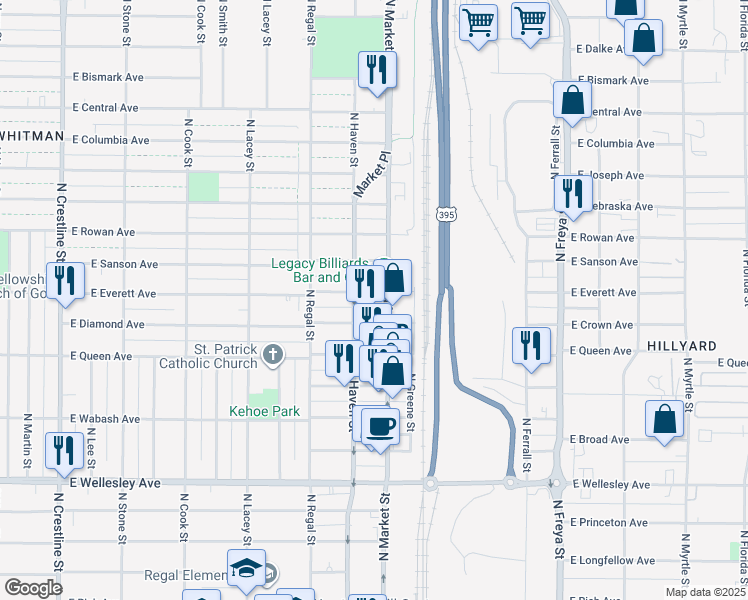 map of restaurants, bars, coffee shops, grocery stores, and more near 3004 East Everett Avenue in Spokane