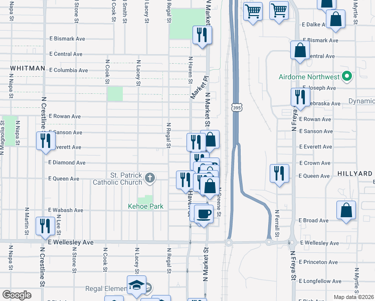 map of restaurants, bars, coffee shops, grocery stores, and more near 3004 East Everett Avenue in Spokane