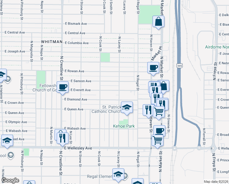map of restaurants, bars, coffee shops, grocery stores, and more near 2605 East Everett Avenue in Spokane