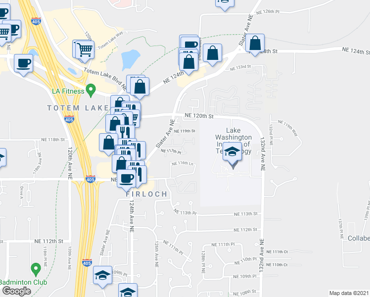 map of restaurants, bars, coffee shops, grocery stores, and more near 12707 Northeast 118th Street in Kirkland