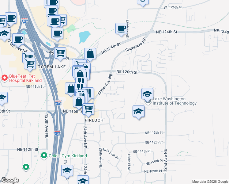 map of restaurants, bars, coffee shops, grocery stores, and more near 12614 Northeast 118th Street in Kirkland