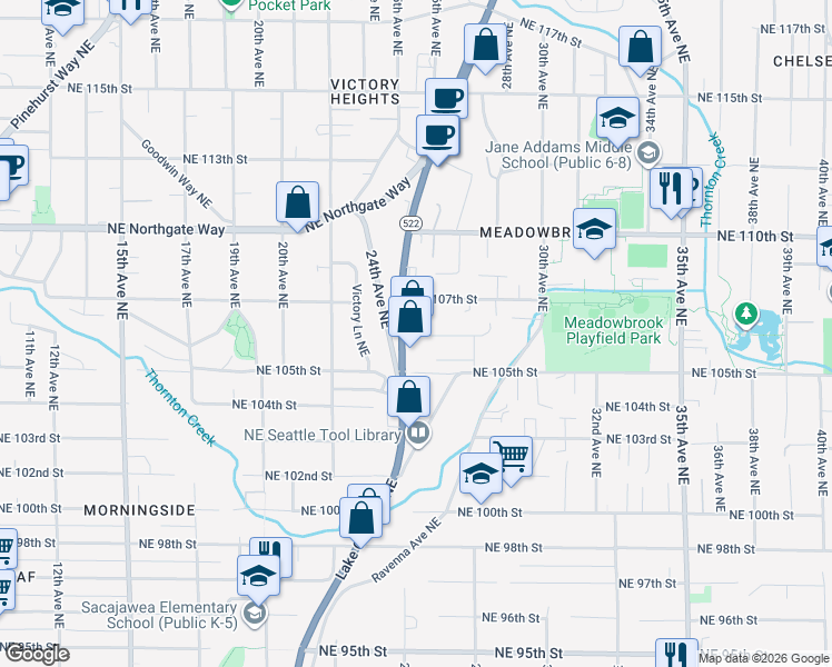 map of restaurants, bars, coffee shops, grocery stores, and more near 10522 Lake City Way Northeast in Seattle