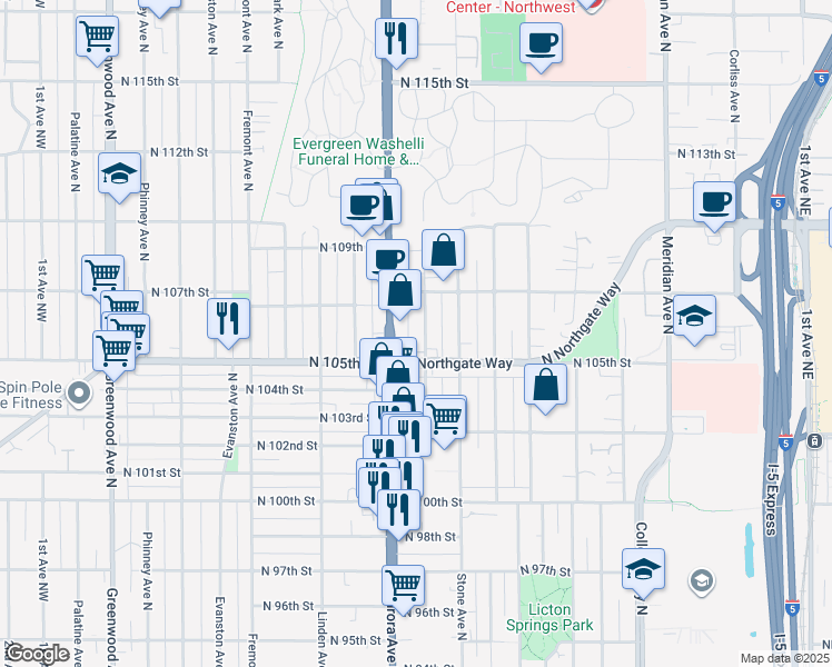 map of restaurants, bars, coffee shops, grocery stores, and more near 10532 Midvale Avenue North in Seattle