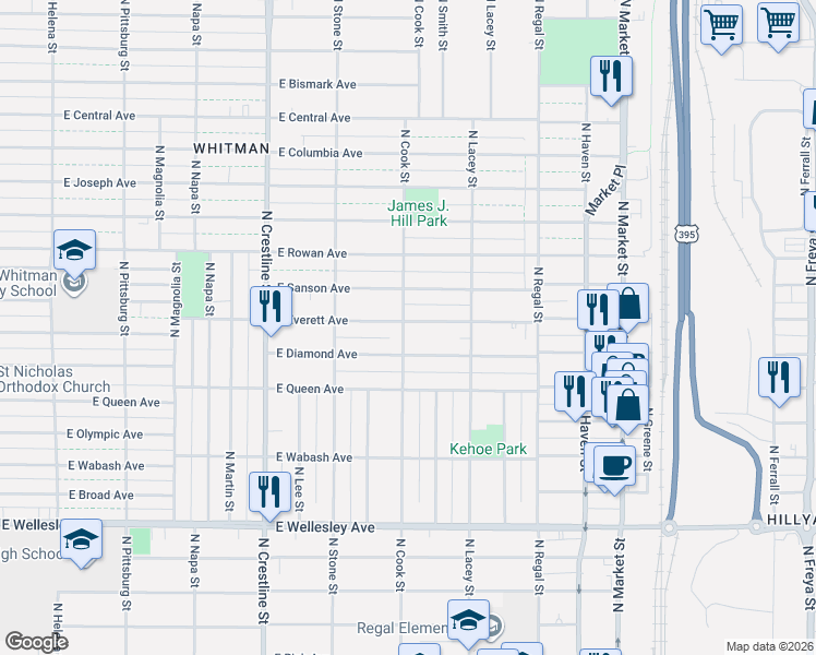 map of restaurants, bars, coffee shops, grocery stores, and more near 2504 East Everett Avenue in Spokane