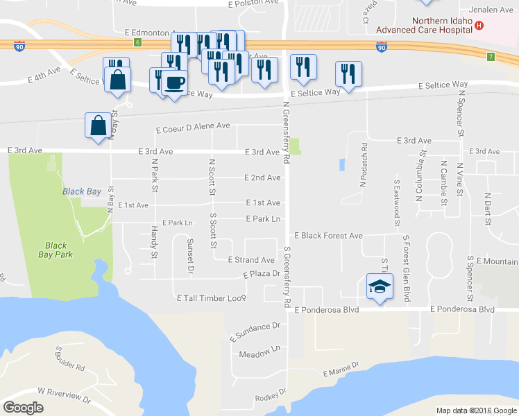 map of restaurants, bars, coffee shops, grocery stores, and more near 1810 East 1st Avenue in Post Falls