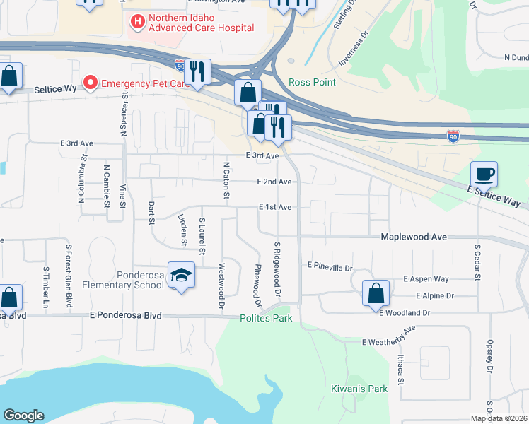map of restaurants, bars, coffee shops, grocery stores, and more near 3864 East 1st Avenue in Post Falls