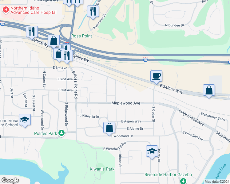 map of restaurants, bars, coffee shops, grocery stores, and more near North Sequoia Street in Post Falls