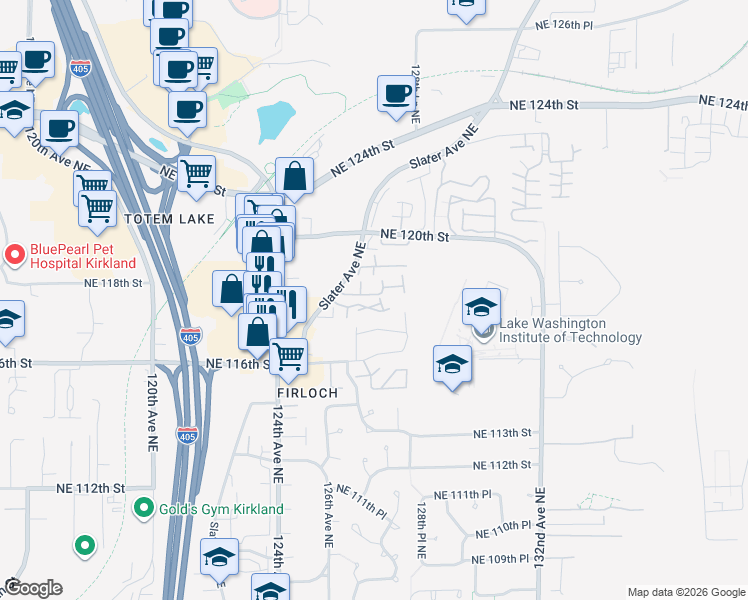 map of restaurants, bars, coffee shops, grocery stores, and more near 12614 Northeast 118th Street in Kirkland