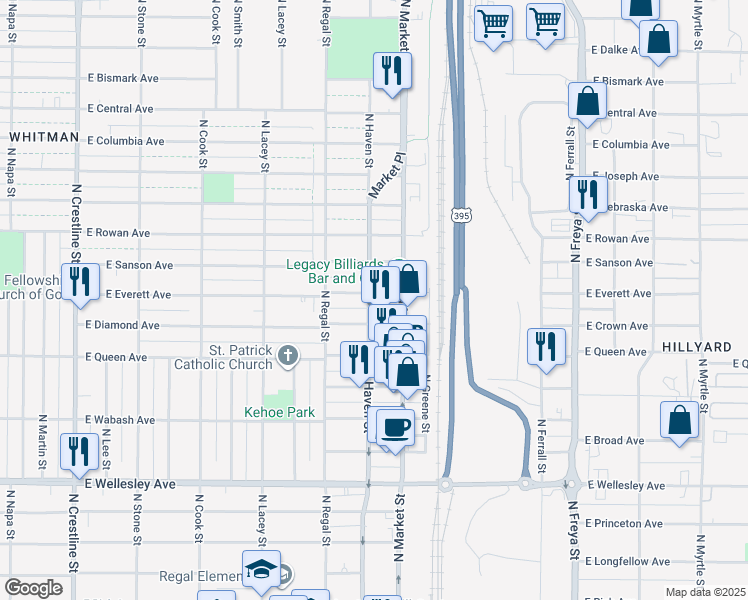 map of restaurants, bars, coffee shops, grocery stores, and more near 3004 East Everett Avenue in Spokane