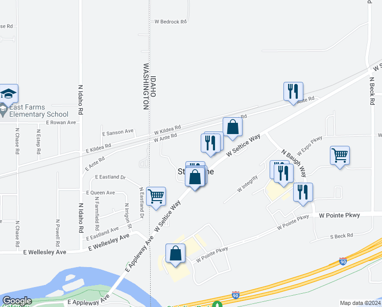 map of restaurants, bars, coffee shops, grocery stores, and more near 6829 West Seltice Way in Post Falls