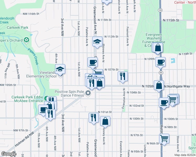 map of restaurants, bars, coffee shops, grocery stores, and more near 10528 Greenwood Avenue North in Seattle