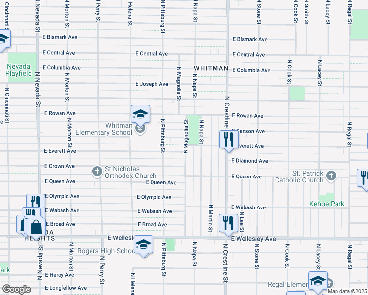 map of restaurants, bars, coffee shops, grocery stores, and more near 5307 North Magnolia Street in Spokane