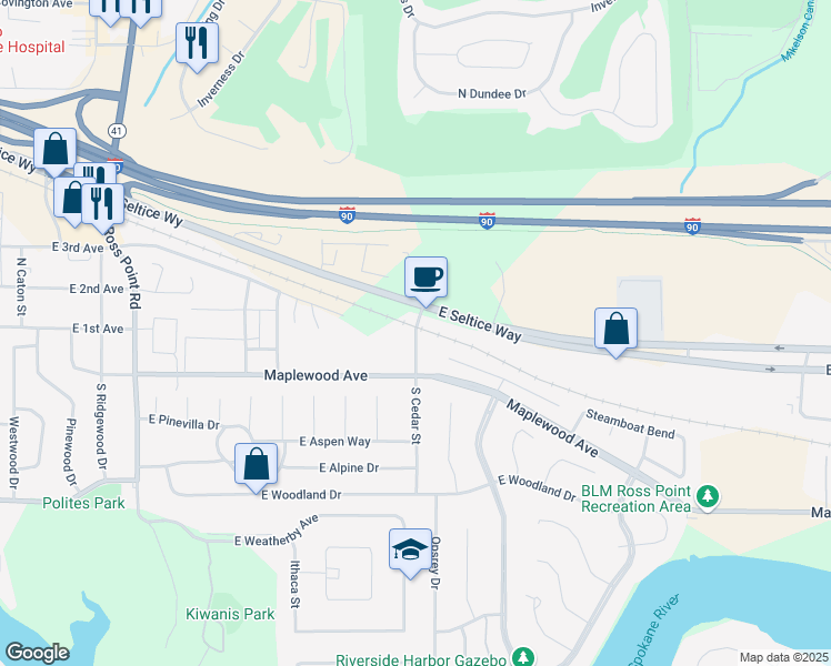 map of restaurants, bars, coffee shops, grocery stores, and more near 86 North Cedar Street in Post Falls