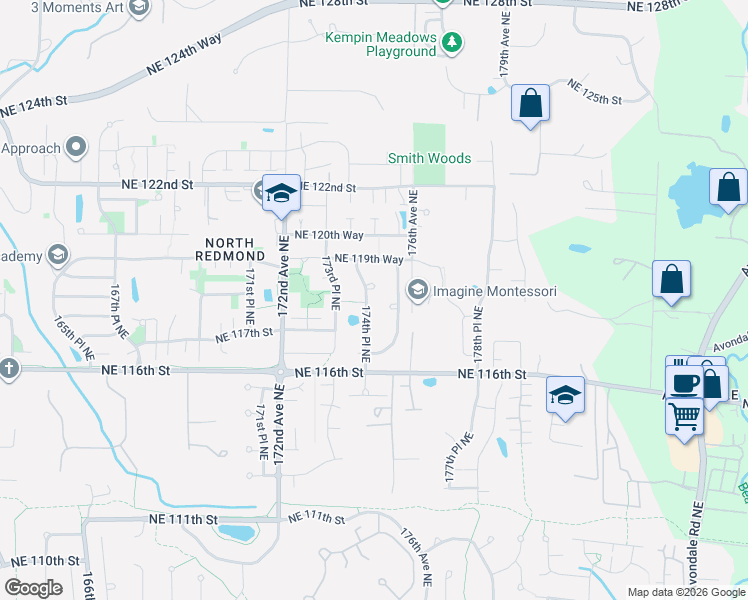 map of restaurants, bars, coffee shops, grocery stores, and more near 11849 174th Place Northeast in Redmond