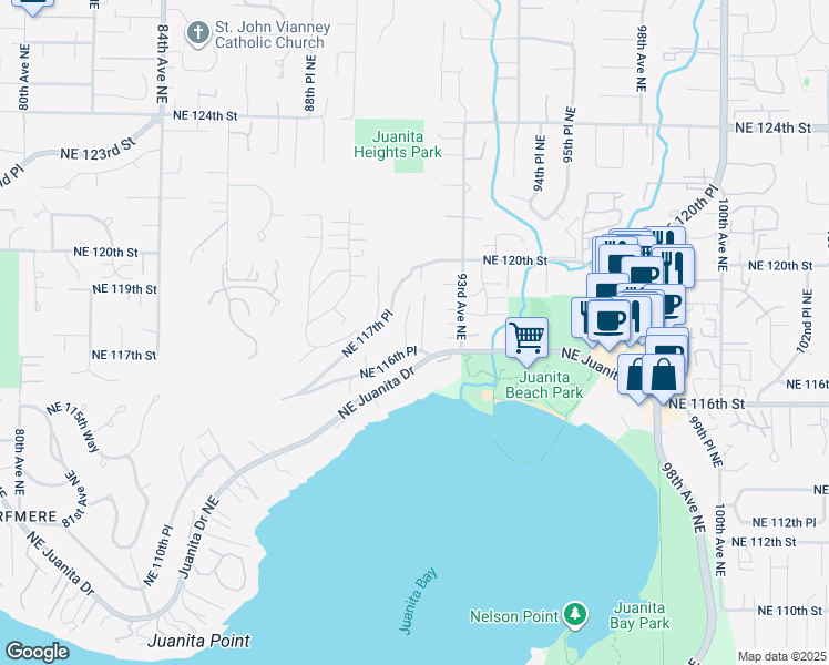 map of restaurants, bars, coffee shops, grocery stores, and more near 11617 91st Lane Northeast in Kirkland