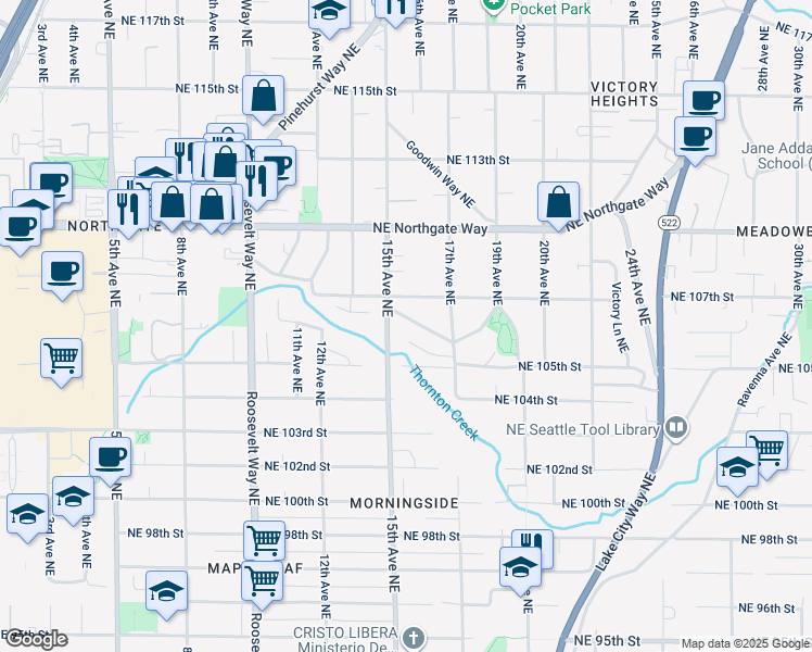 map of restaurants, bars, coffee shops, grocery stores, and more near 1515 Northeast 106th Street in Seattle
