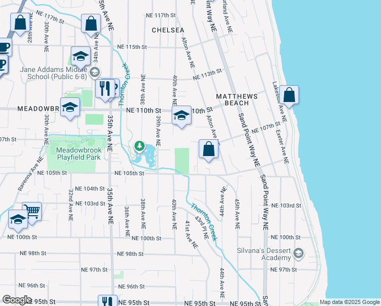 map of restaurants, bars, coffee shops, grocery stores, and more near 10543 41st Place Northeast in Seattle