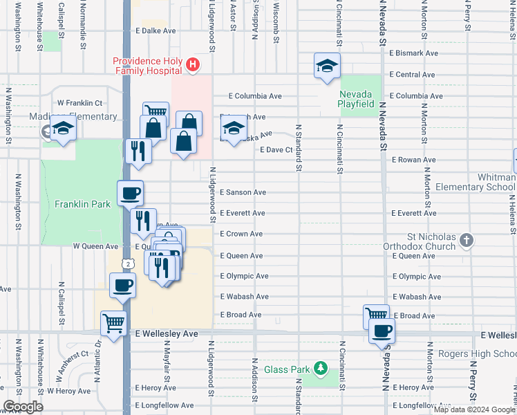 map of restaurants, bars, coffee shops, grocery stores, and more near 503 East Everett Avenue in Spokane