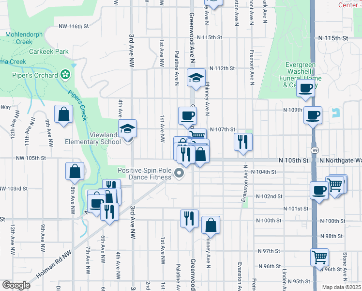map of restaurants, bars, coffee shops, grocery stores, and more near 10526 Palatine Avenue North in Seattle